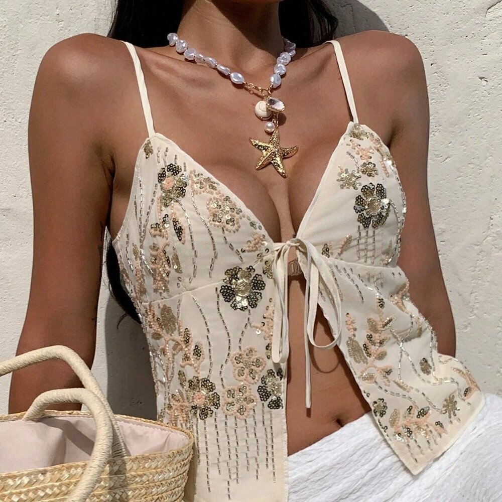 Multicolor Boho Women's Sequin Embroidered Camisole Tank Top - Picture 4 of 9